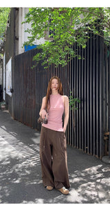 インディーピンクバックビーズスリーブレスTシャツ