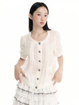 CONFUN linen check texture fabric spiral metal fastening round-neck short-sleeve shirt