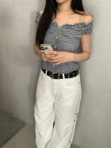 Aaron Check Off-Shoulder Ruffle Blouse  ​