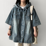 Trin boxy fit denim short-sleeved shirt collar hooded jacket