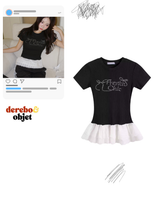 ブラックレタリングビーズレースフリル半袖Tシャツ