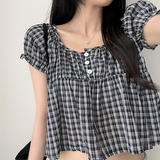Checkered Ruffle Square Button Short Sleeve Blouse