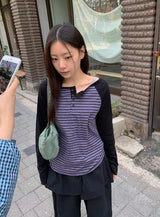 シャバニンストライプヘンリーネック長袖Tシャツ