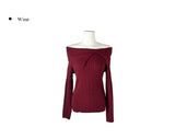 Fuzz Collar Rib Off-Shoulder Slit Long Sleeve Knit