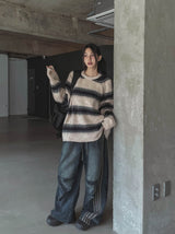 Moshu track line string denim pants