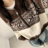 Ara two-tone Nordic pattern two-way zip-up cardigan