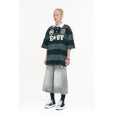 Emblem Stripe Rugby Collar Short Sleeve -Black
