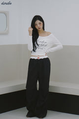 Lace lettering wide casual banding pants