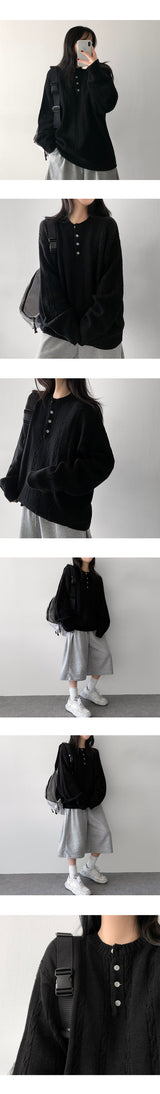 Ichi ケーブルスナップヘンリーネックニット