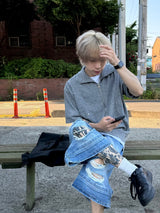 Double destroyed denim bermuda pants 1C