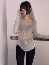 Middle Drape Loose Hooded Long Sleeve T-Shirt 3color