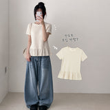 Dot Hem Frill Short-Sleeved Long T-Shirt (4 colors)