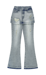 Damage-Layered-Skirt-Denim-Pants - 1COLOR