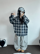 M-3XL✨オーバーフィットボクシーチェックスカート🖤🩶💙✨4カラー