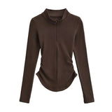 Half Turtle Side Shirring Long Sleeve Zip-Up