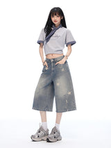 ヴィンテージスター プリントウォッシュド ワイドクロップドデニムパンツ