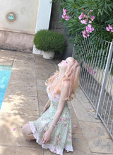 ROSE ISLAND Matcha Peach Dew Bowknot Halter Neck Light Pink Contrast Mint Green Old-fashioned Floral Dress
