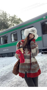 Red Snow Stripe Hooded Knit Zip-Up
