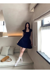 Navy Round Square Flared Dress