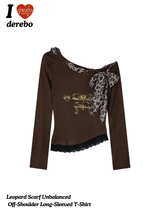 Leopard Scarf Unbalanced Off-Shoulder Long-Sleeved T-Shirt
