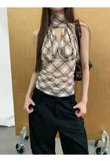chiffon checkered halter neck sleeveless blouse top