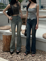 High waist light & deep blue washed bootcut long denim pants (2 colors)