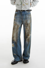 Wasteland Fitter Oil-stained Dirty Fit Straight-leg Hole Jeans