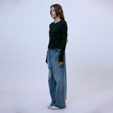 Distressed Wide Denim Pants (BLUE)