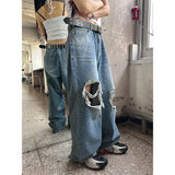 [Unisex] ニーデストロイドワイドデニムパンツ