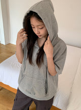 ハカンジチェックカラーボタンフード半袖Tシャツ