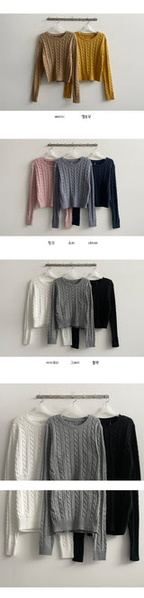 [Choose round neck/V-neck!] ベルモントムセミクロップケーブルニット (8 colors)