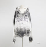 (Unisex) Wind Embroidery Dirty Hooded Zip-Up