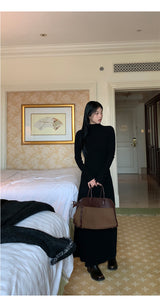 Half Turtleneck Black Flared Long Dress