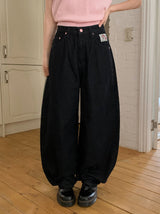 Rose Pink Lettering Embroidery Balloon Denim Pants