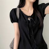 Curry Ribbon Puff Blouse