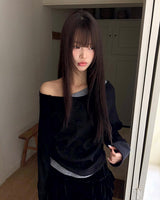 Royu Unbal Asymmetrical Color-Block Shirred One-Off-Shoulder Long-Sleeve T-Shirt