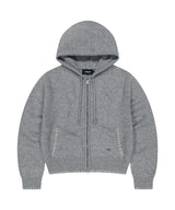ステッチ クロップ フーデッド ジップアップ ニット グレー
