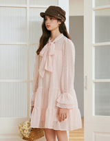 Roas Ribbon Tie Ruffled Shirring Mini Dress Pink