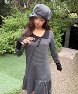 STRIPE ASYMMETRY COLLAR ONE PIECE - BLACK