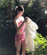 [ 3-piece / watery pink ] camellia frill halter bikini