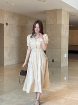 Kazz Shirt Collar Puff Sleeve Long One Piece (Belt Set)