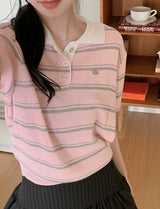 Border Collar Button Short Sleeve Knit (4color)