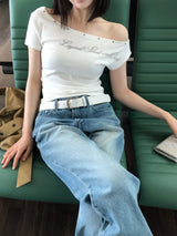 [ORIGINAL] Off-Shoulder Stud Short-Sleeve T-Shirt