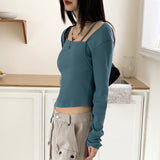 Nuel square neck thong slit long sleeve T-shirt