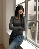 [U-BASIC]オビベーシックスリムUネック長袖Tシャツ
