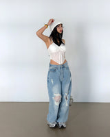 Lace torn jeans. Wide jeans