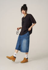 ケーブルウォッシング半袖ニット - Navy