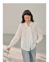 French ribbon tie V-neck blouse