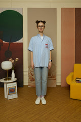 Blue Stripe Pocket short-sleeved Shirt [Unisex]