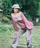 STRING STRIPE SHIRRING LONG SLEEVE - BURGUNDY